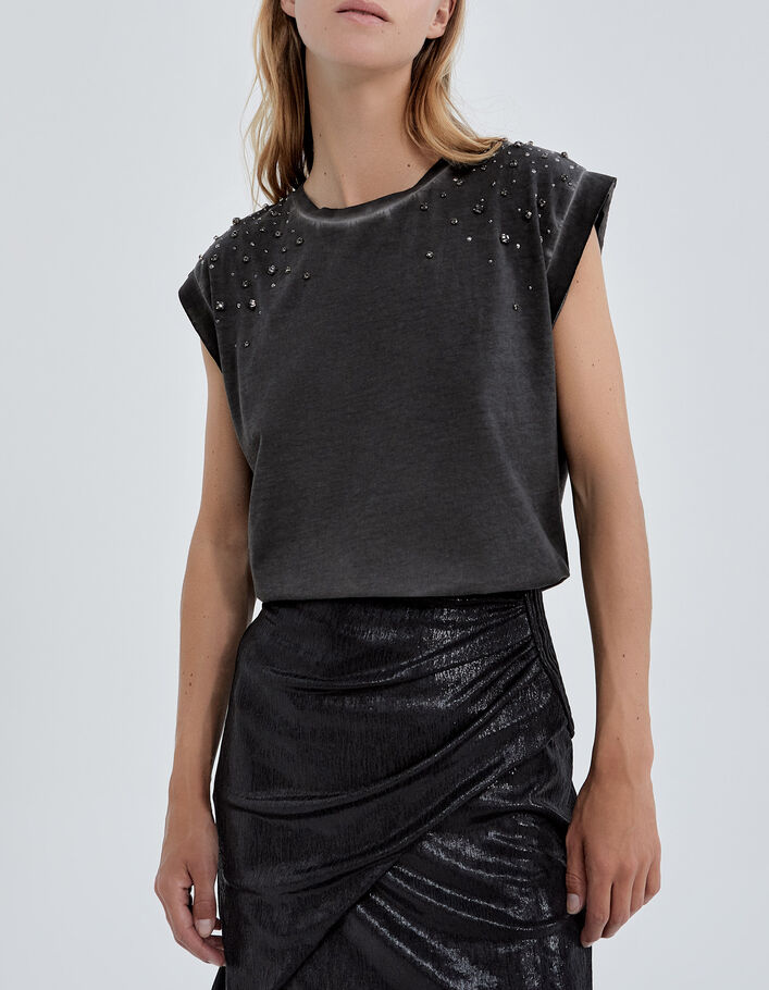 Camiseta negra tachuelas y strass mujer IKKS