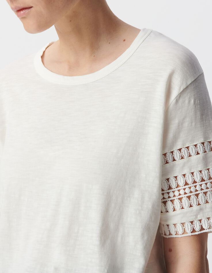 Wit T-shirt ronde hals kanten mouwen-4