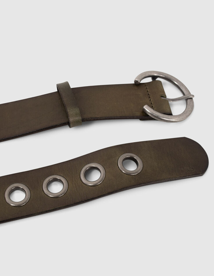 Ceinture en cuir kaki avec maxi œillets Femme-4