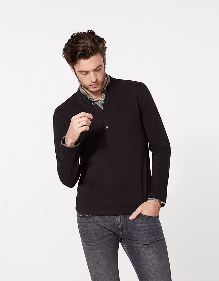 Polo noir à col chemise trompe-l'œil moucharabieh Homme-2