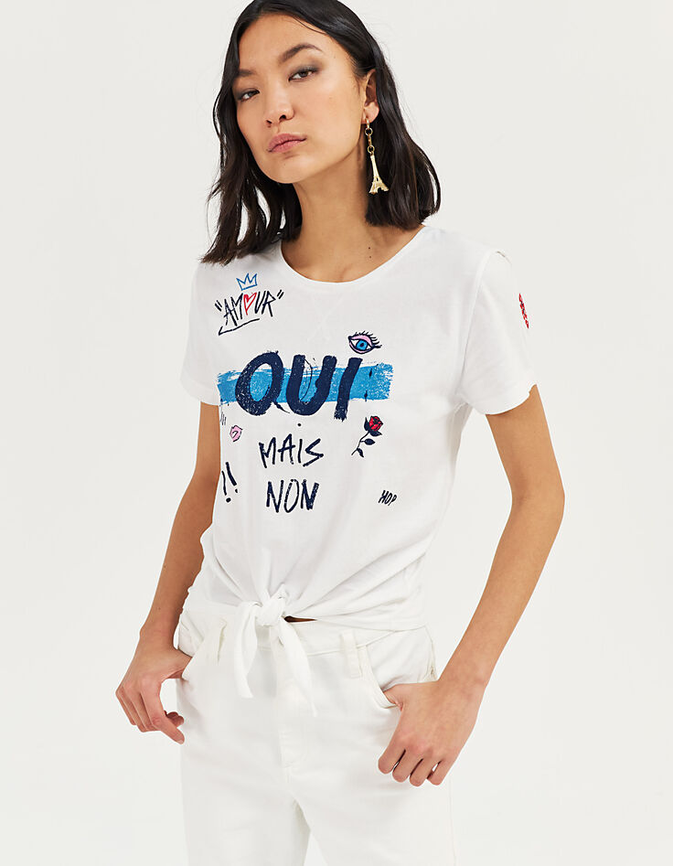 Tee-shirt en coton blanc cassé visuel message Paris femme-1