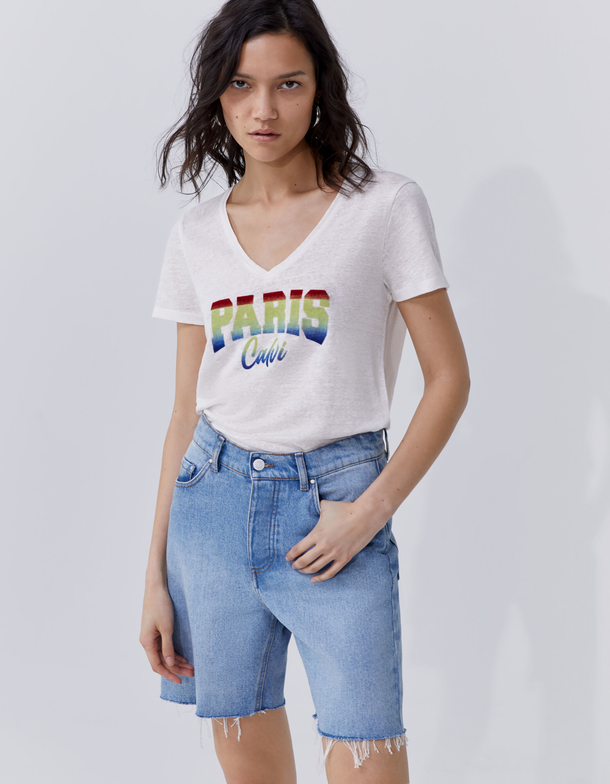 Camiseta blanca mensaje flocado deep dye mujer