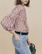 Losse blouse in sluier met bloemenprint op witte achtergrond dames-4