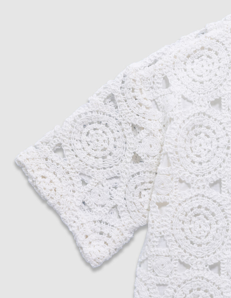 Top manches courtes blanc col polo crochet ajouré fille-8 Top manches courtes blanc col polo crochet ajouré fille-8