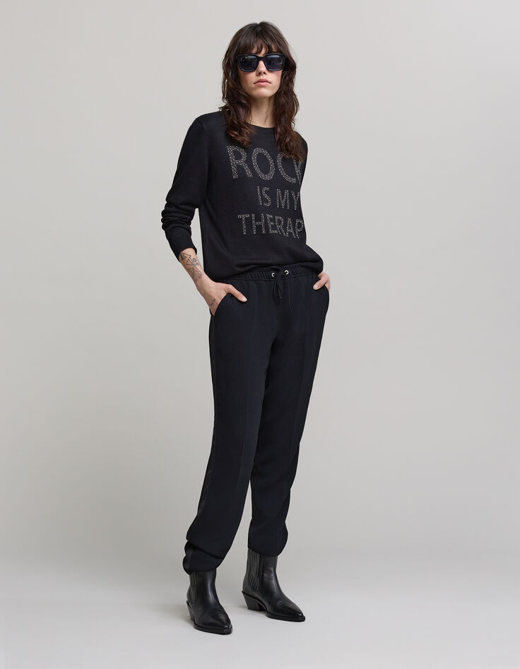 Women's straight black pants with elastic waistband-5