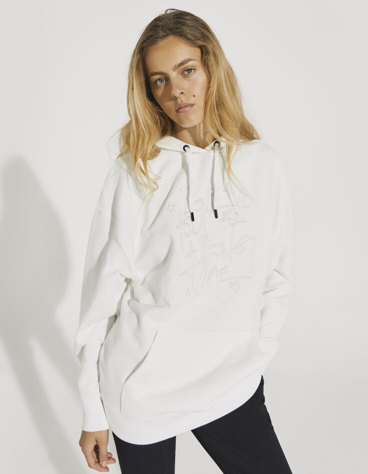Sweat long oversize molleton blanc cassé visuel tag femme-1