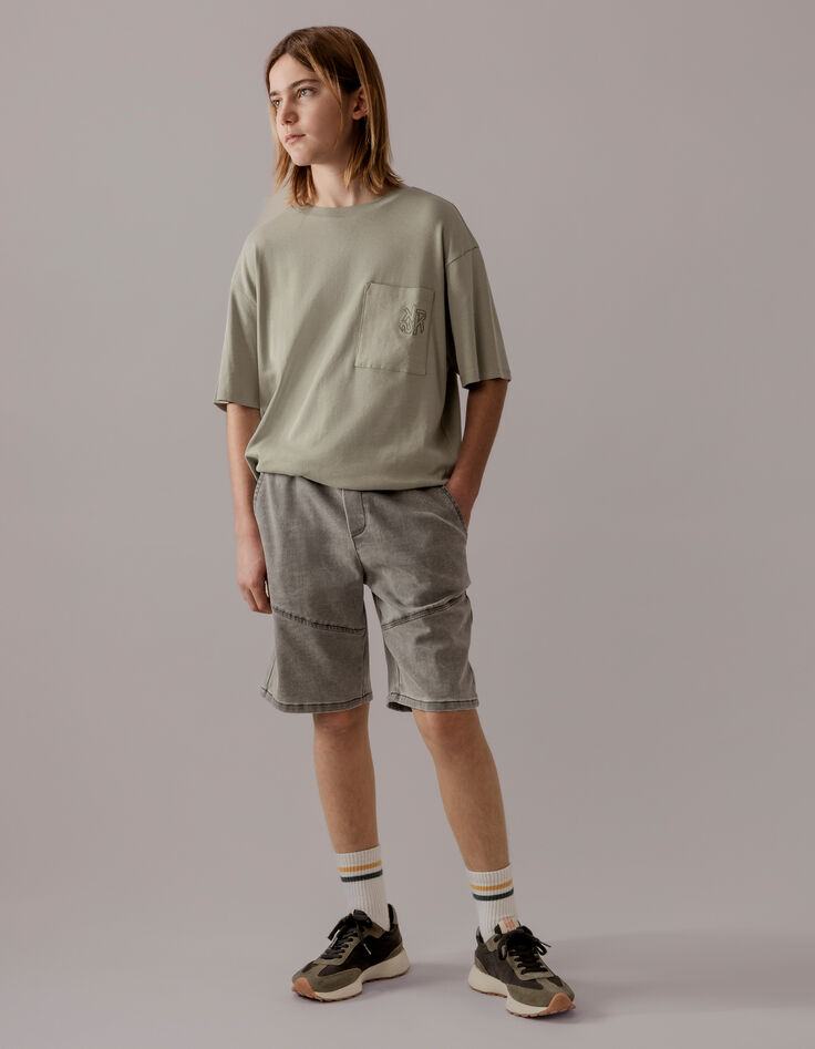 Khaki Jungen-T-Shirt, aufgesetzte Tasche, Stickerei-4