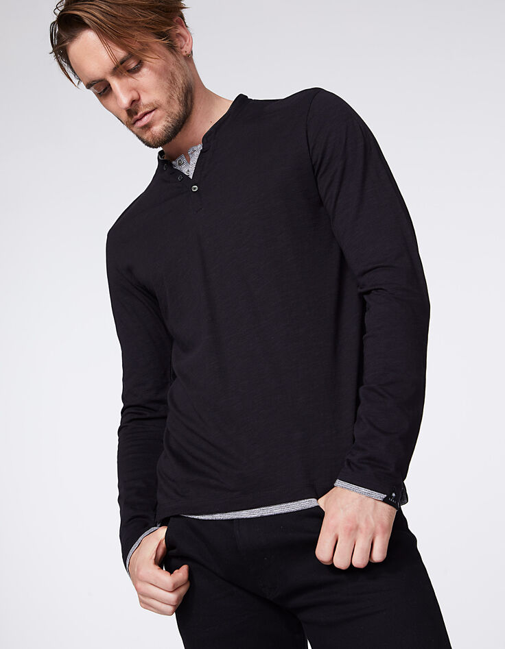 Zwart heren-T-shirt met kraag in trompe-l'oeil-1
