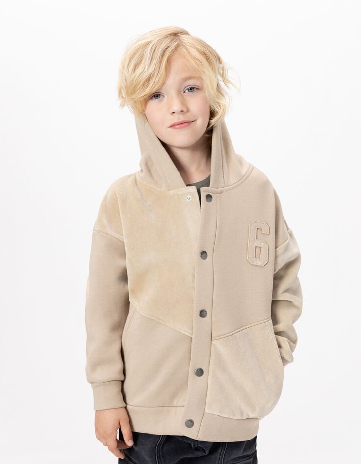 Cárdigan capucha cremallera beige bimaterial niño-2