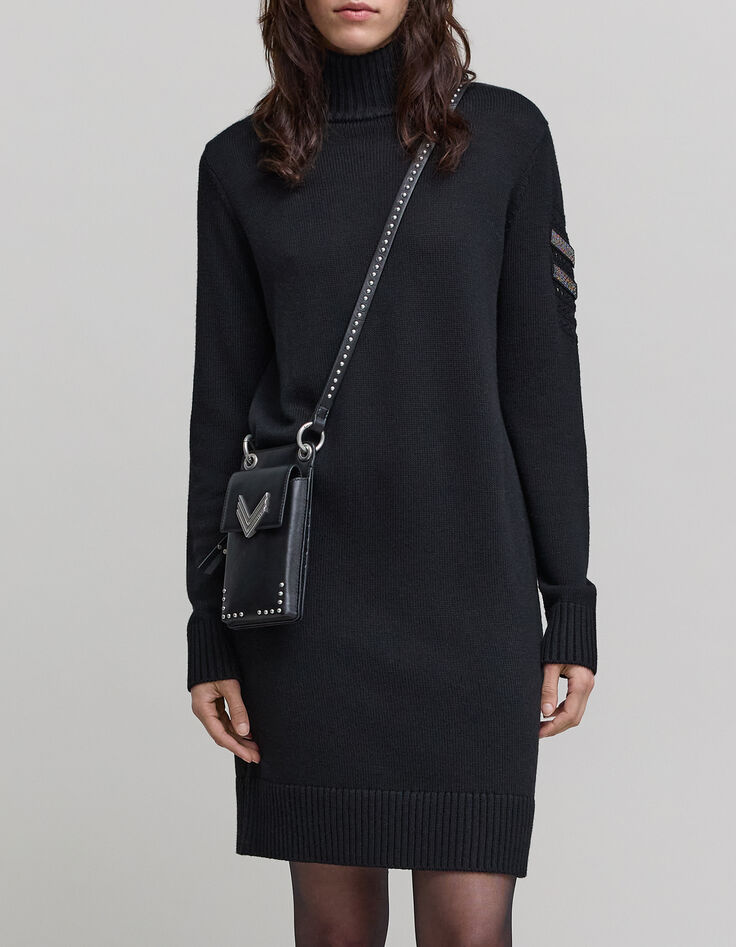 Black beaded shoulder funnel neck knitted dress-2