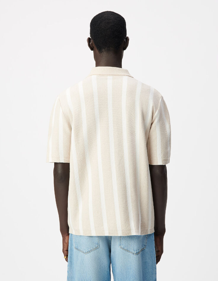 Camisa de punto beige de manga corta con rayas anchas-3