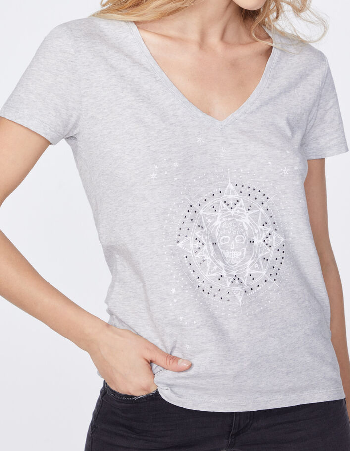 Grey graphic print slub cotton V-neck T-shirt-4
