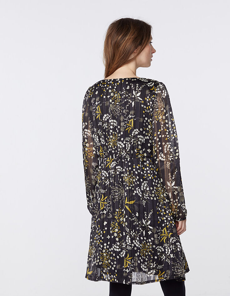 Metallic floral print voile dress with lace neckline-3