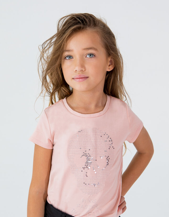 Camiseta rosa calavera bordados lentejuelas niña