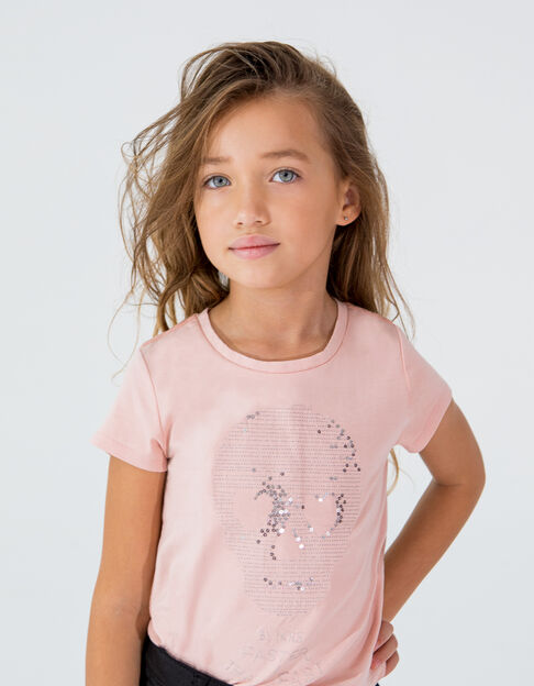 Girls’ pink T-shirt with sequin embroidered skull