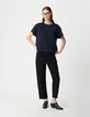 Women's navy round neck herringbone embroidery back t-shirt-1