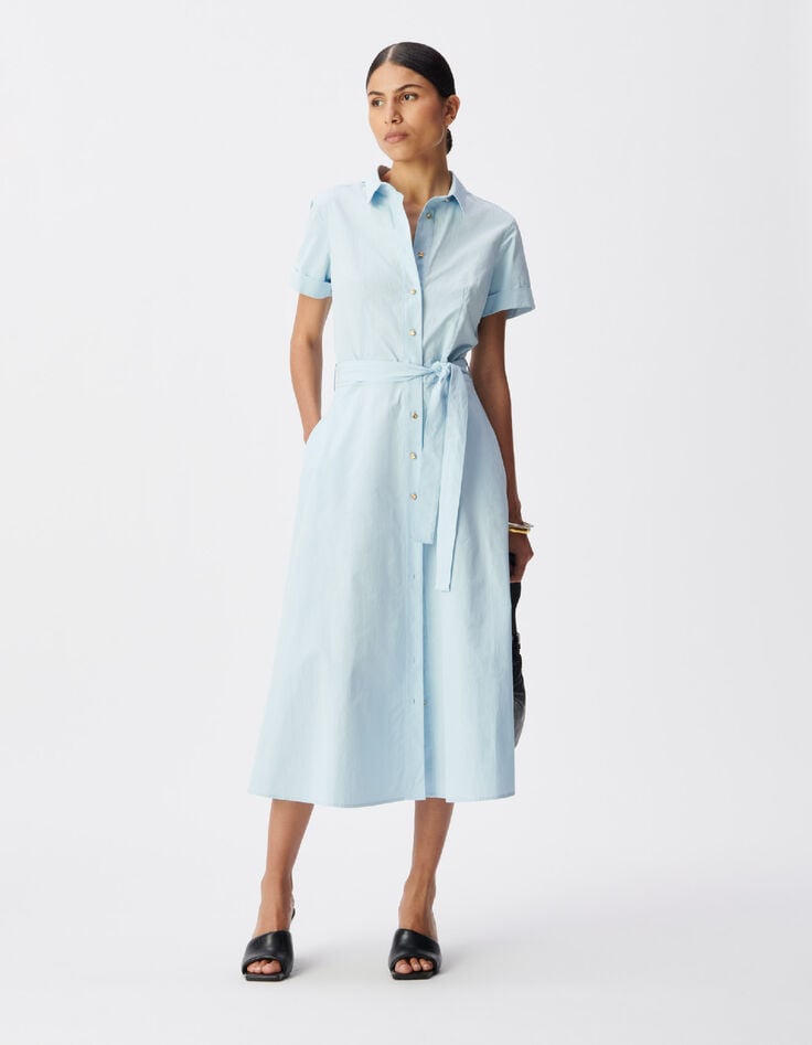 Robe chemise bleu ciel boutonn&eacute;e ceintur&eacute;e Femme-1