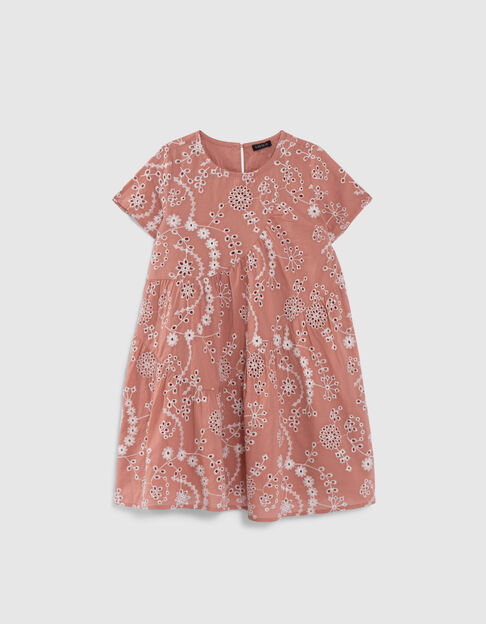 Girls’ old pink organic cotton dress, embroidered flowers - IKKS