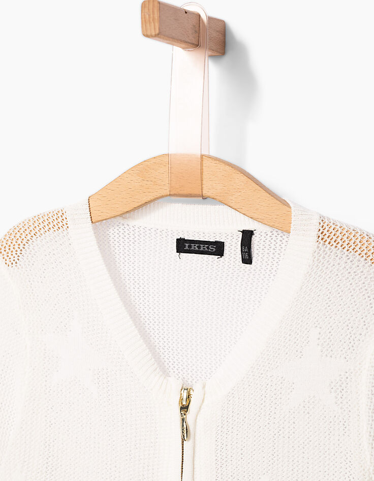 Cremeweiße Mädchen-Ajour-Strickjacke mit Sternen-3 Cremeweiße Mädchen-Ajour-Strickjacke mit Sternen-3
