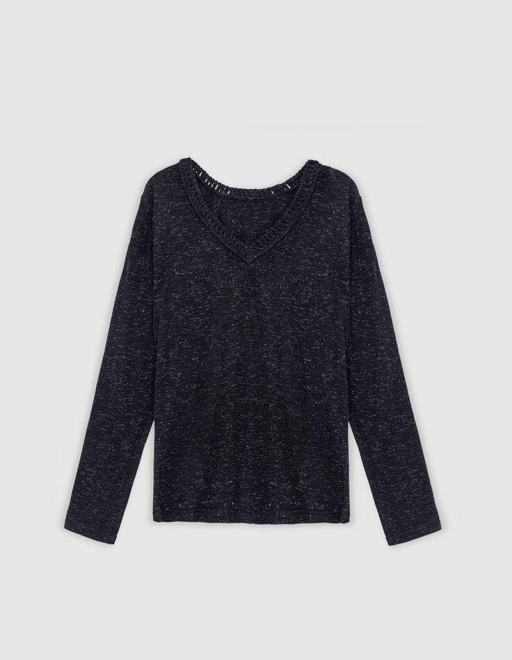Tee-shirt noir paillet&eacute; encolure tress&eacute;e Femme-6