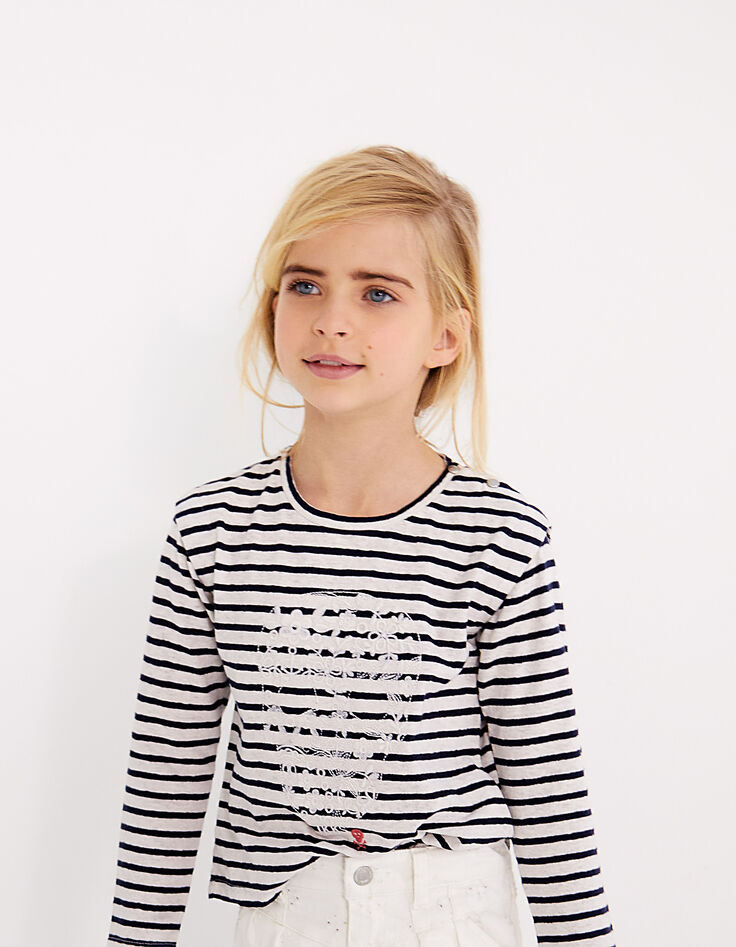 Tee-shirt marinière brodée tête de mort fille-1 Tee-shirt marinière brodée tête de mort fille-1