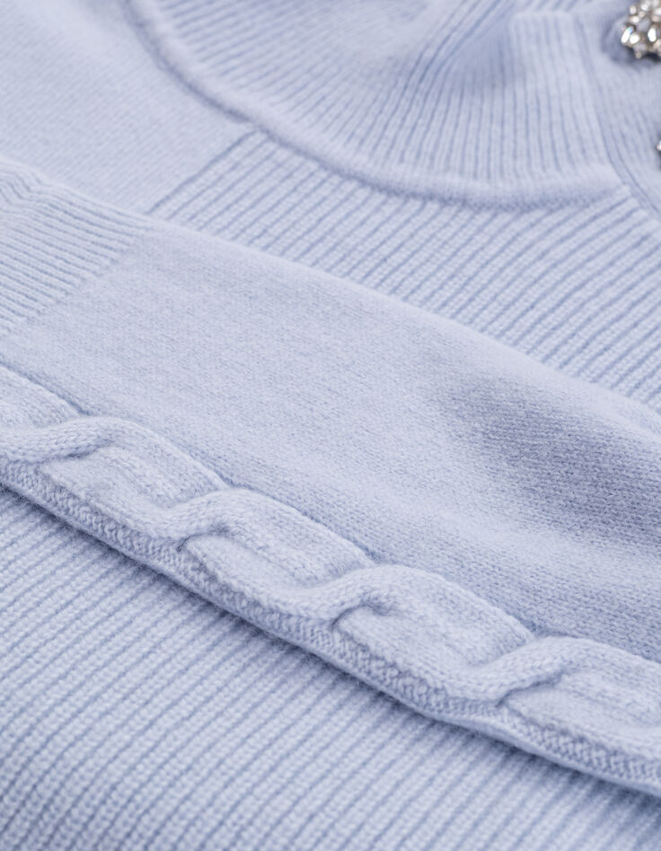 Damen himmelblauer Stehkragen-Strickpullover mit Strasskn&ouml;pfen-7