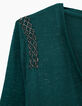 Tee-shirt col V vert maille jersey bijoux épaules femme-2
