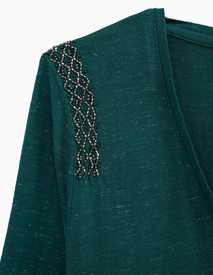 Tee-shirt col V vert maille jersey bijoux épaules femme-2