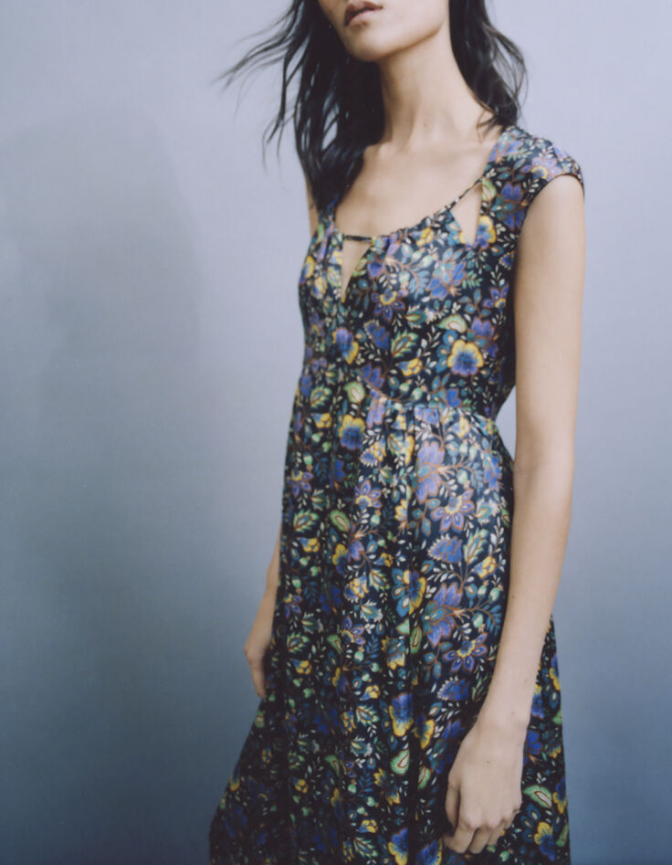 Langes schwarzes Damenkleid, rückenfrei, Maxi-Blumenprint-5