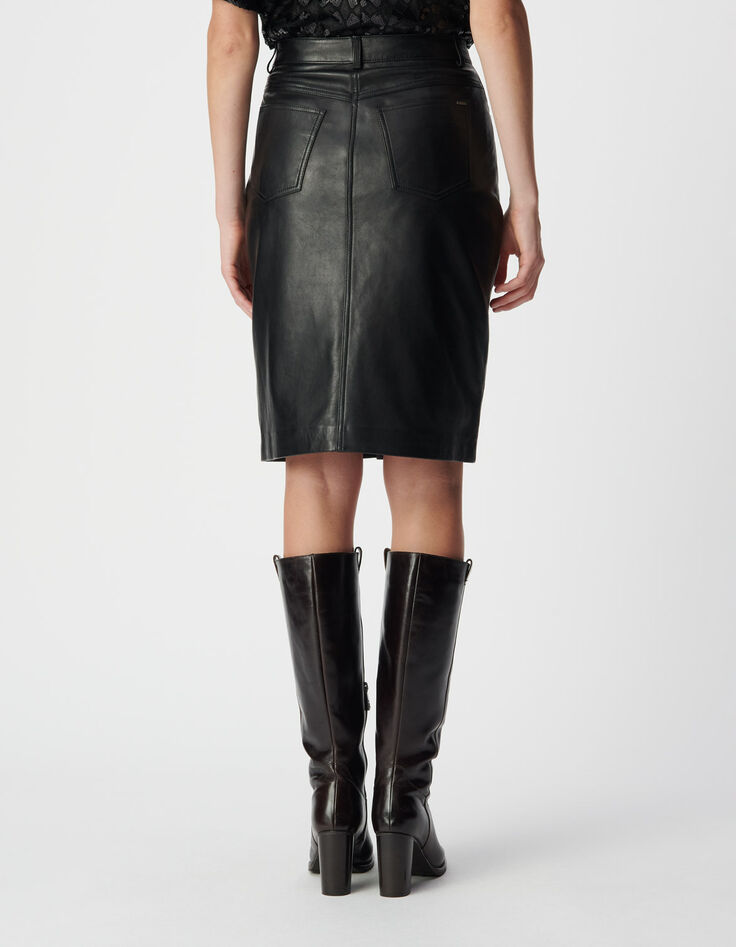 Jupe droite noire cuir longueur genoux Femme-4