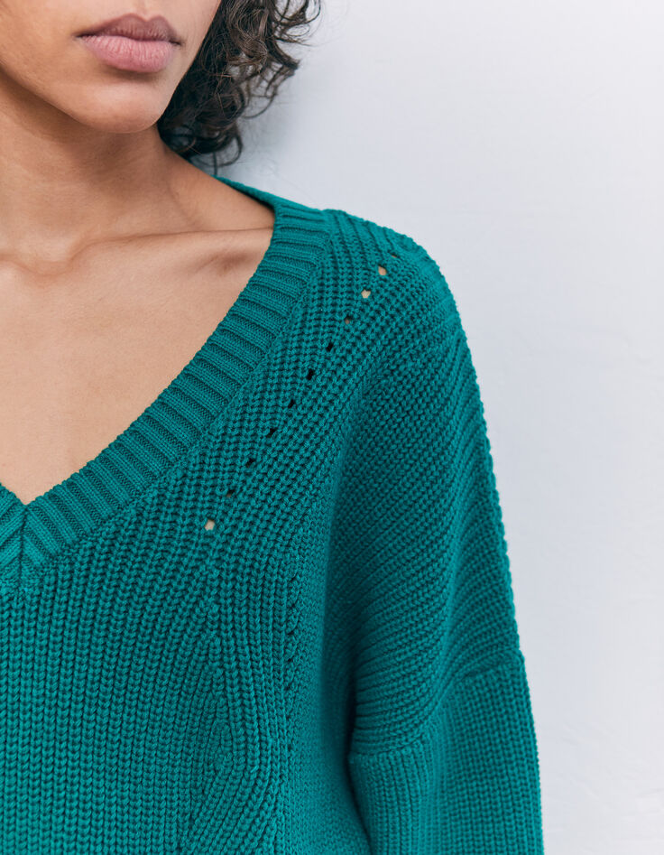 Jersey verde cuello V punto fantasía mujer-4