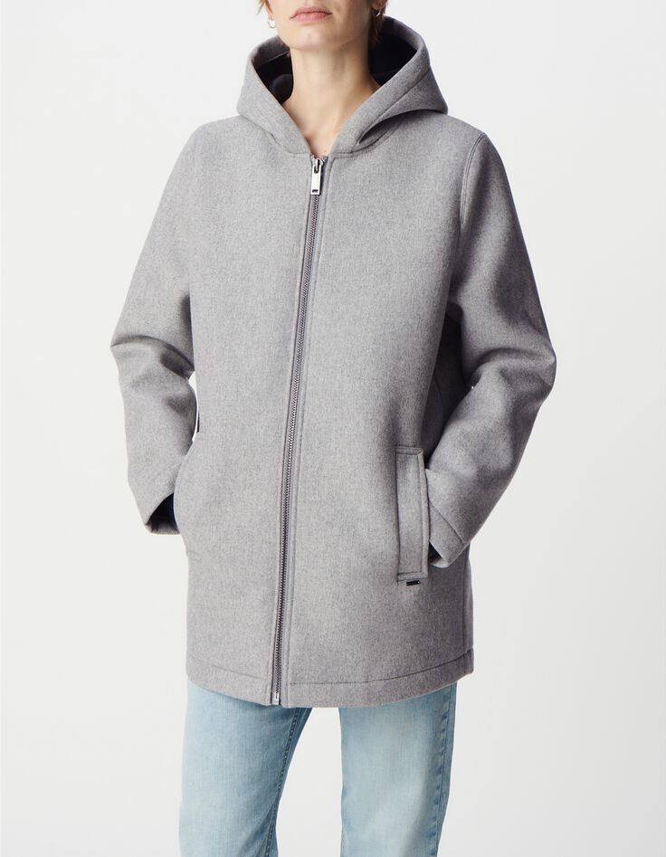 Manteau gris &agrave; capuche lainage esprit flanelle Femme-2