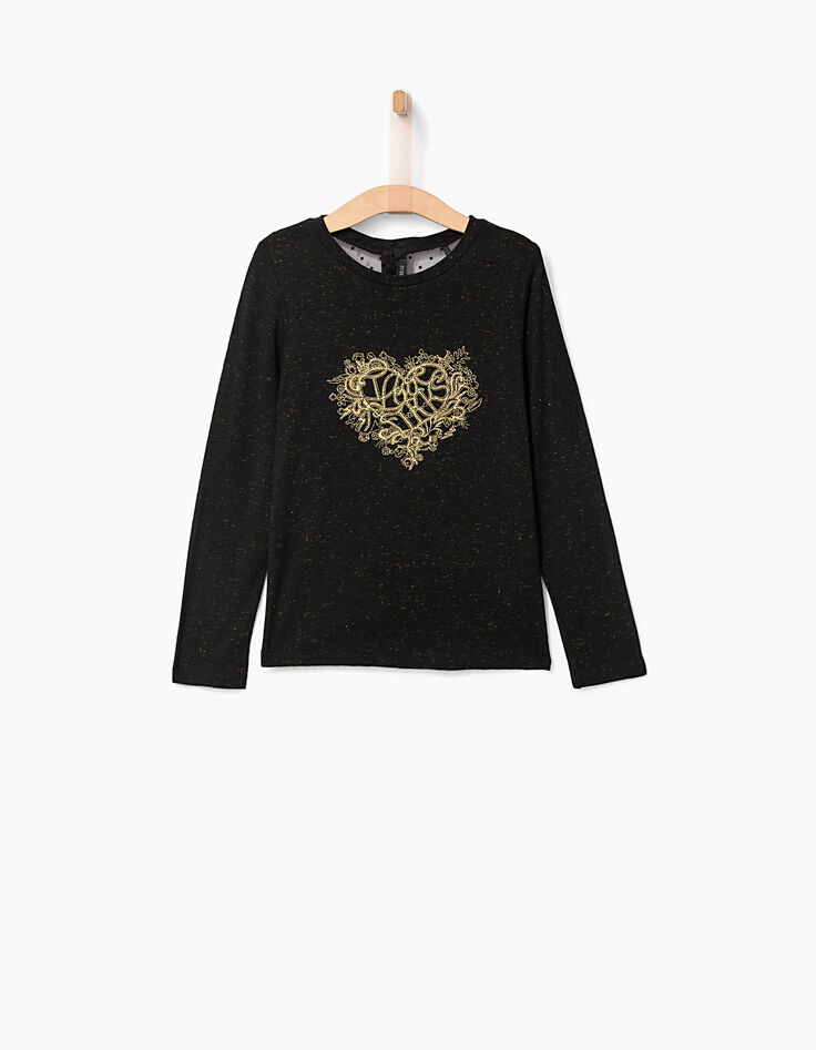 Tee-shirt noir brodé cœur et dos résille fille-3