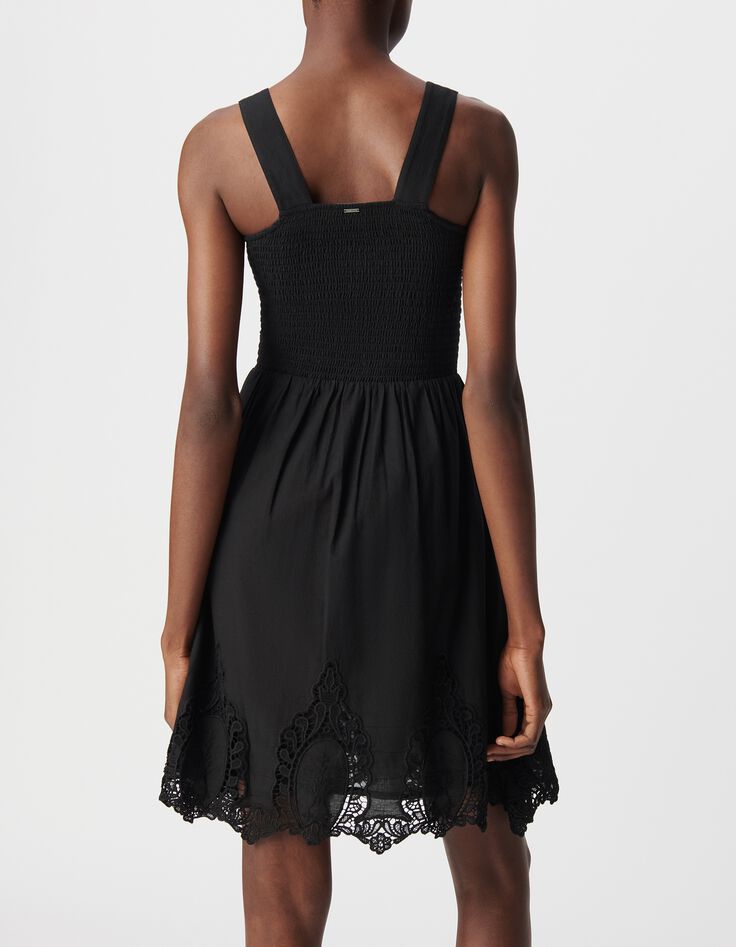 Women's black smocked dress with lace trim IKKS