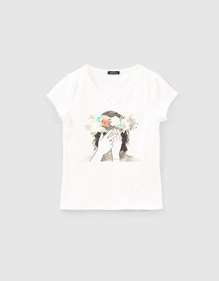 T-shirt blanc cassé avec couronne de fleurs 3D fille-1