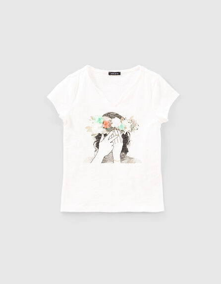 Camiseta blanco roto corona flores 3D niña