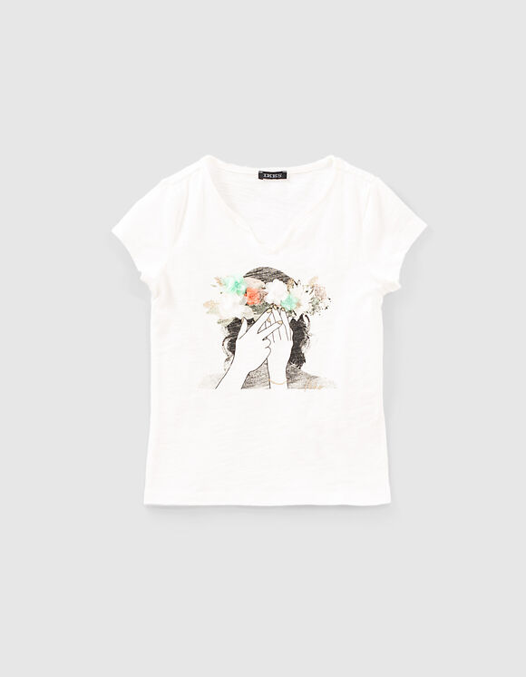 Girls' off-white T-shirt with 3D flower crown