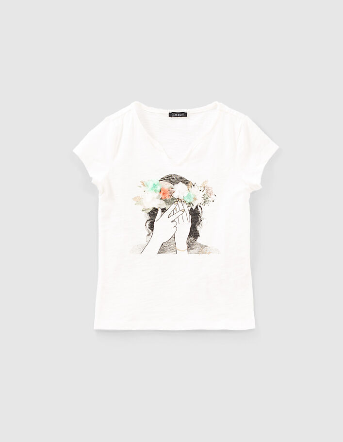 Camiseta blanco roto corona flores 3D niña - IKKS