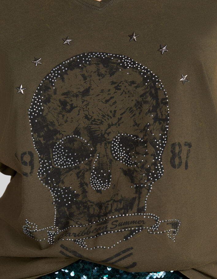 Women's khaki T-shirt with skull image and diamanté