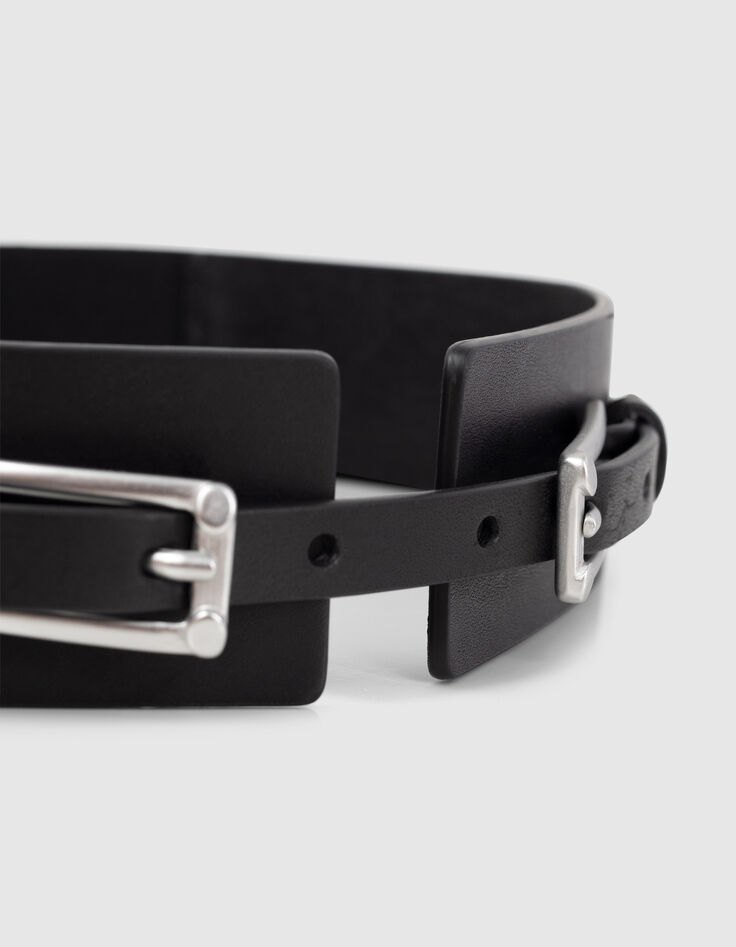 Ceinture en cuir noir double boucle ardillon femme-5
