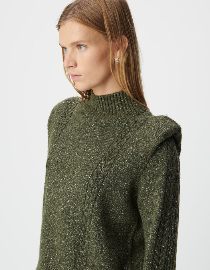 Khaki Damenstrickpulli Lurex, Schulterpolster, Zopfmuster-5