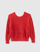 Pull col V coloris corail maille effet poilu femme-3