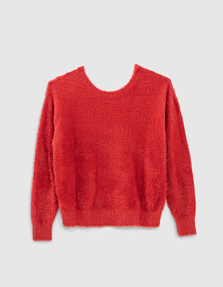 Pull col V coloris corail maille effet poilu femme-3