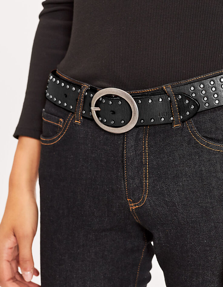 Cinturón vaquero piel negra tachuelas hebilla metal mujer-5