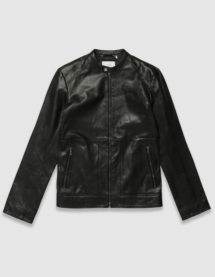 Men’s black leather jacket with zipped pockets-7