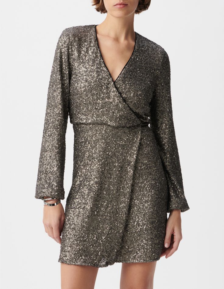 Robe portefeuille grise brod&eacute;e sequins m&eacute;tallis&eacute;s Femme-2