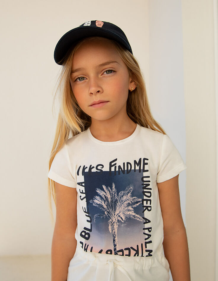 Gebroken wit T-shirt opdruk palm meisjes-1