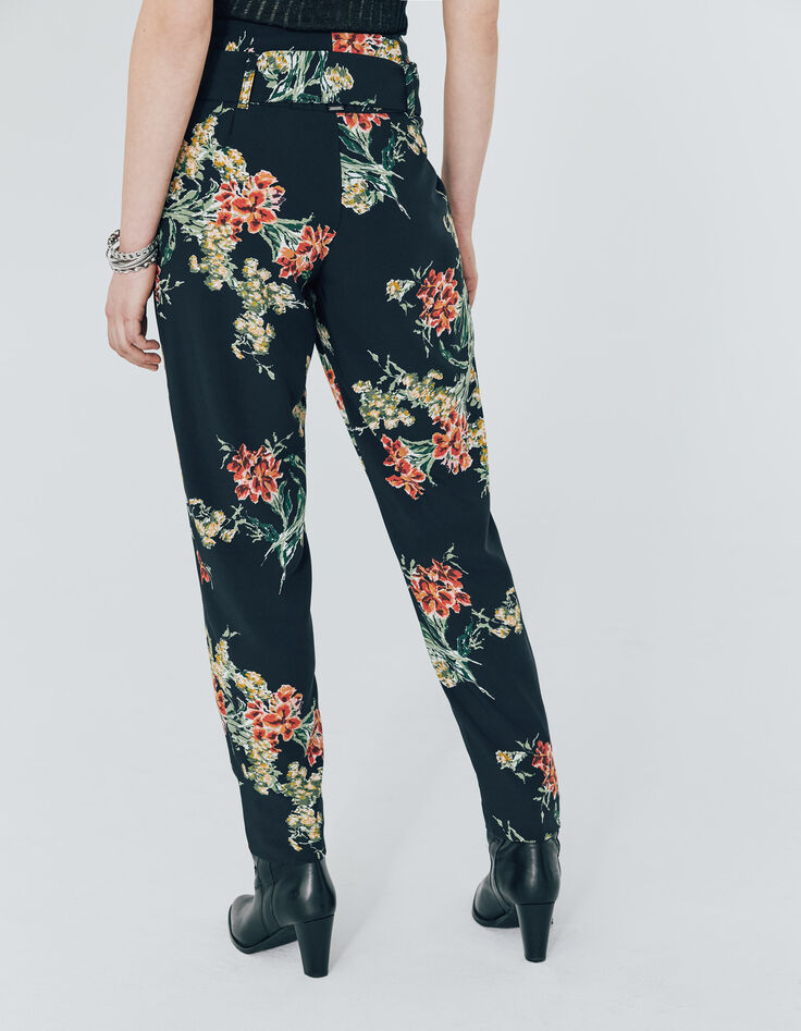 Women&rsquo;s black flower bouquet print twill trousers-3