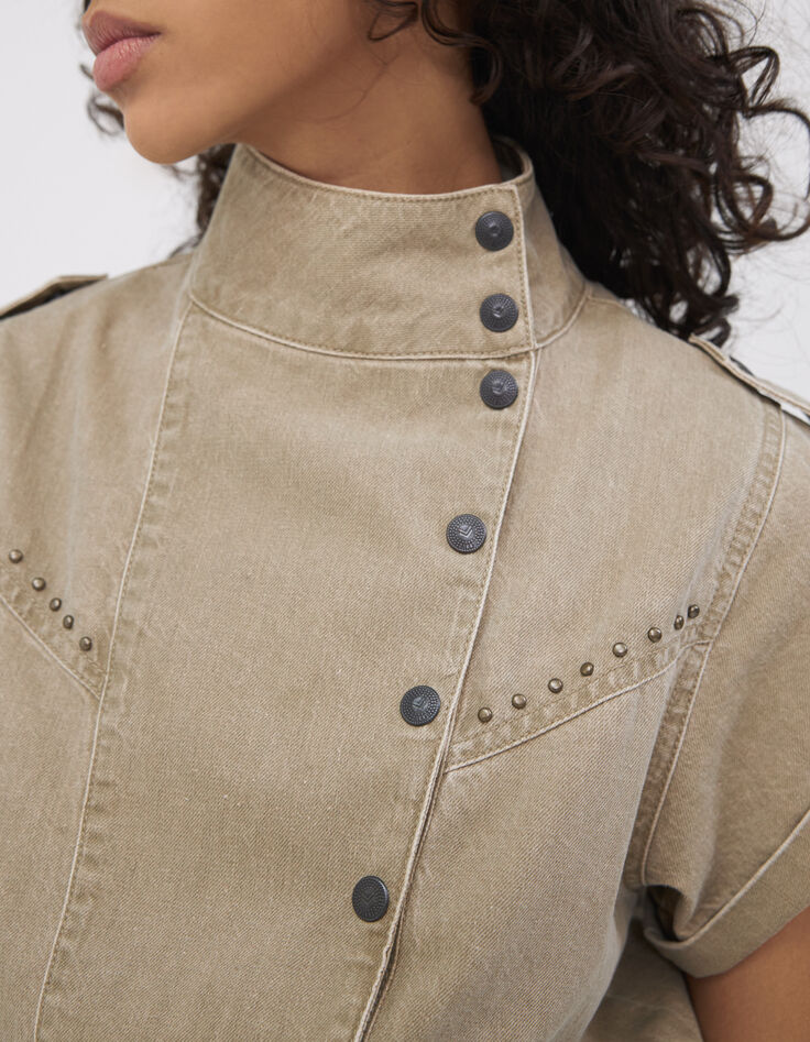 Women’s light khaki Terra Denim dress, studded high neck-4