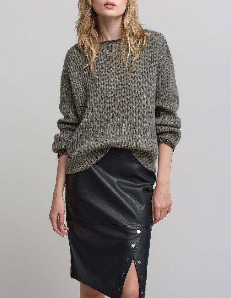 Women’s army green ribbed knit sweater with lurex details-2 Women’s army green ribbed knit sweater with lurex details-2